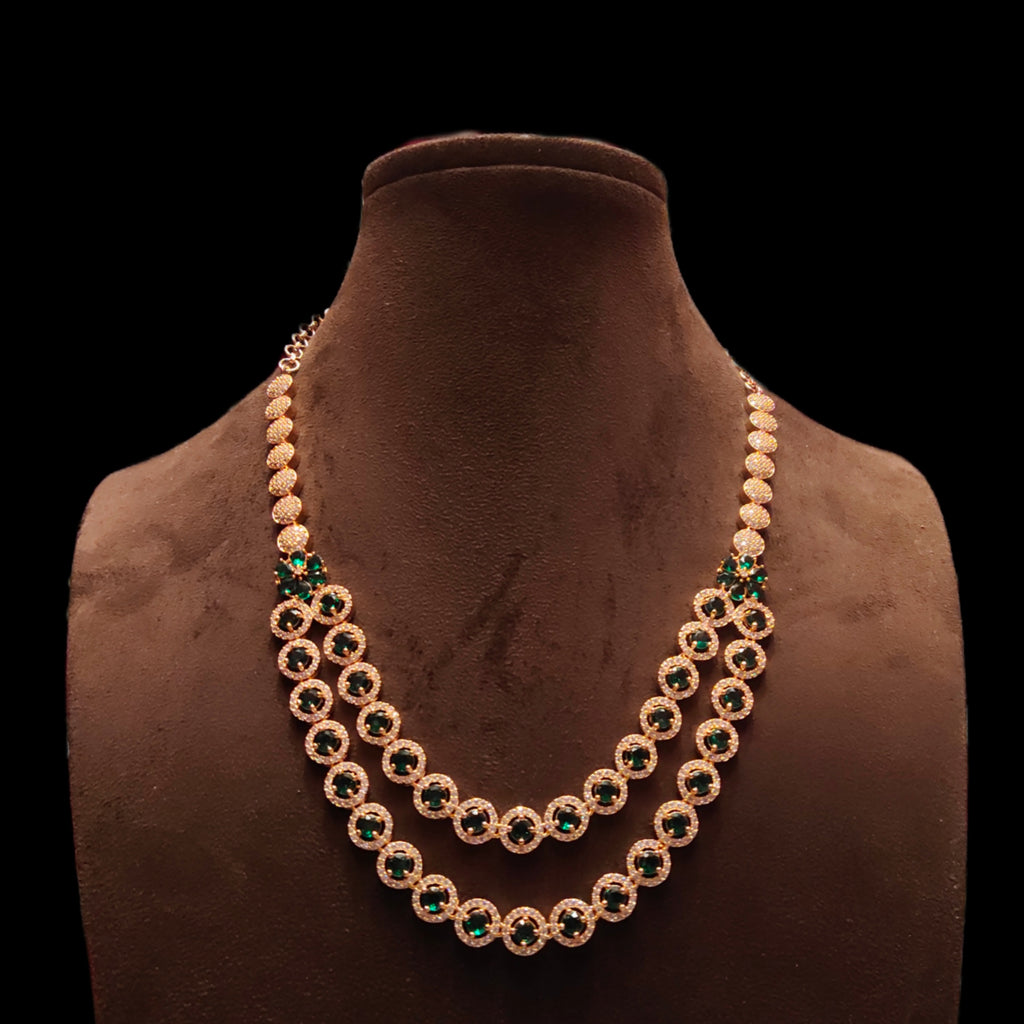Green Double Layer American Diamond Necklace Set - Rose Gold Layered Jewelry