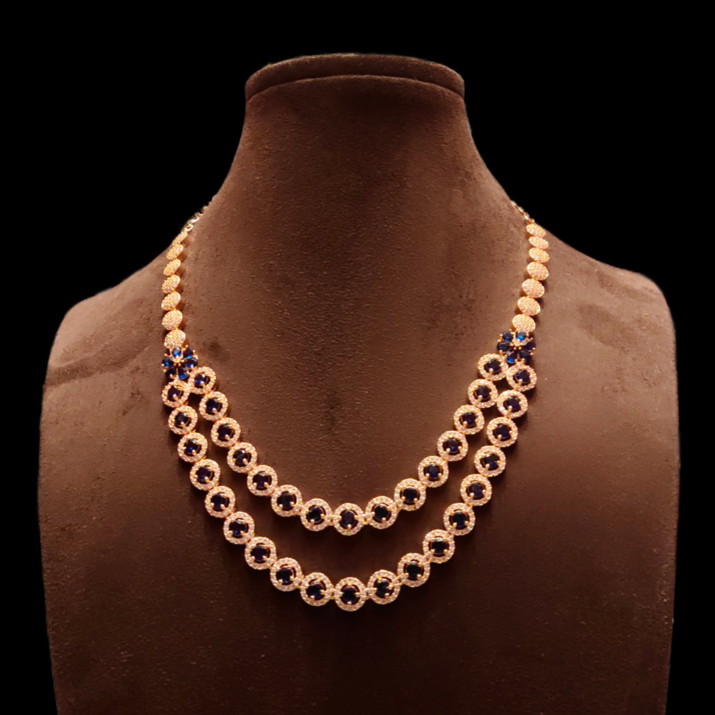 Blue Double Layer American Diamond Necklace Set - Rose Gold Layered Jewelry