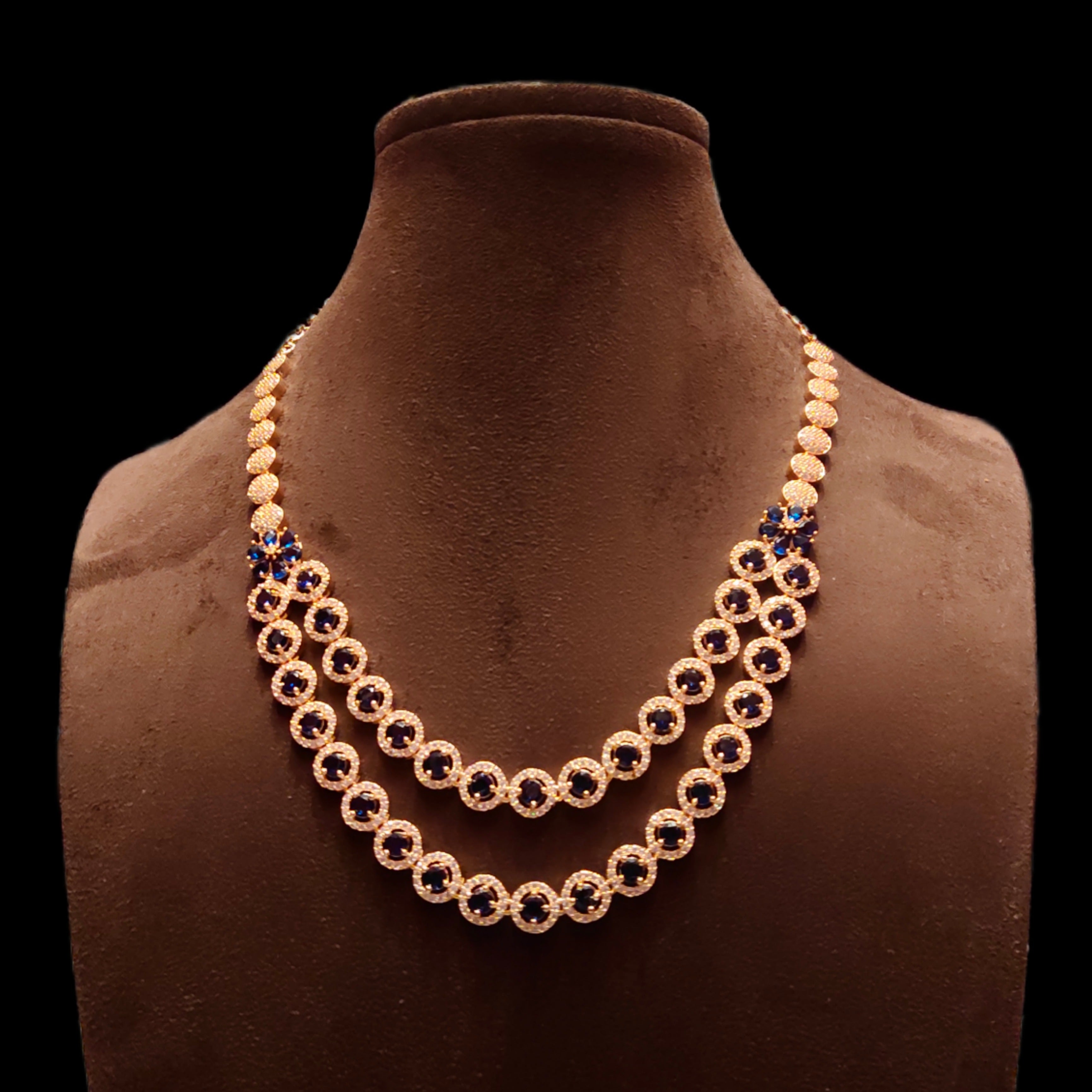 Blue Double Layer American Diamond Necklace Set - Rose Gold Layered Jewelry