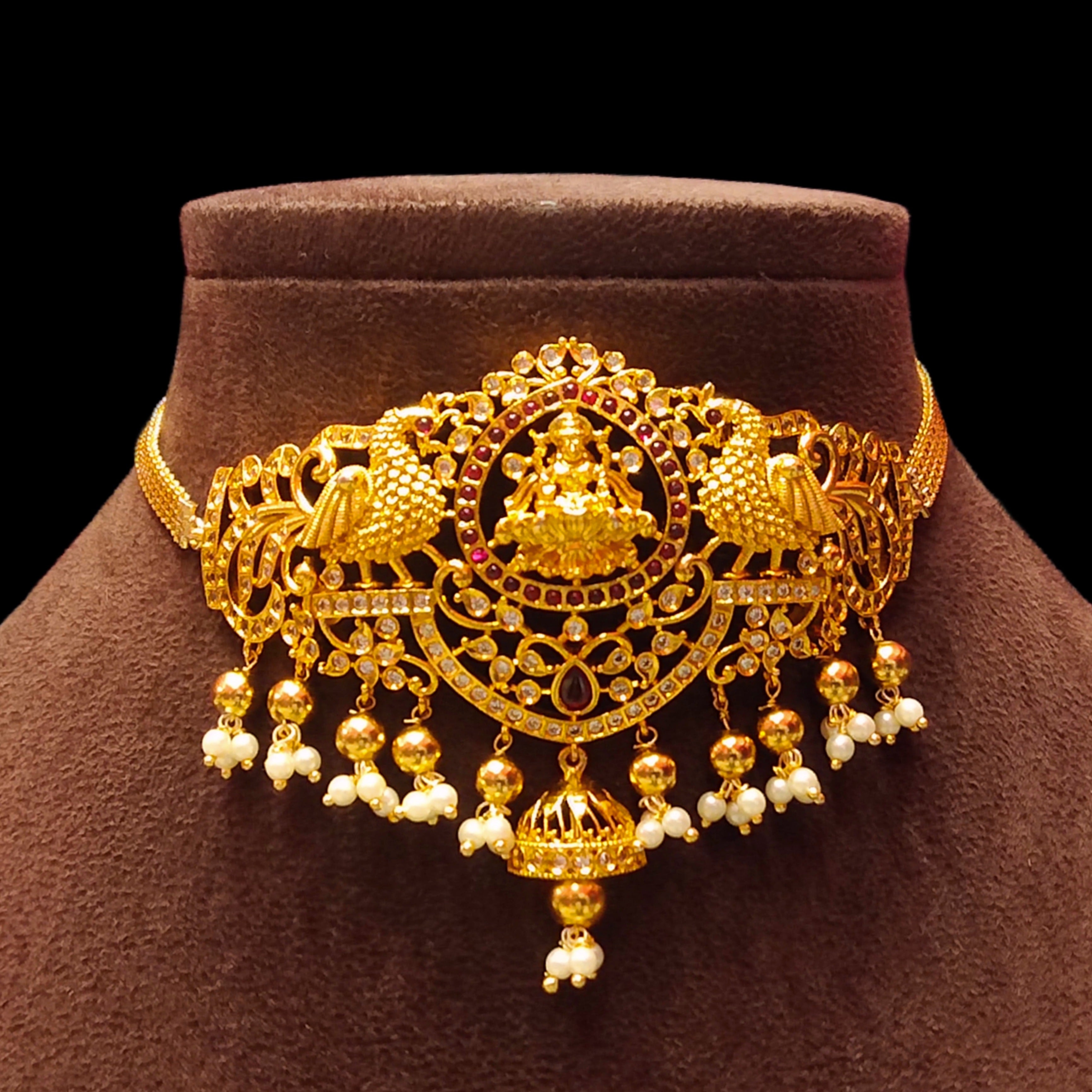Matte Lakshmi Devi CZ Kemp Choker Set - 24K Gold Plated Bridal Jewellery