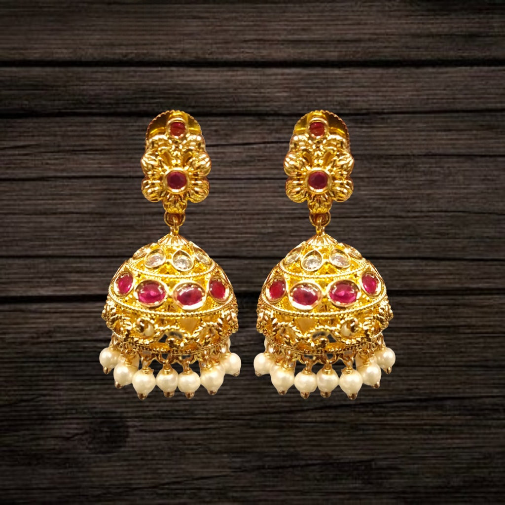 Kempu Kundan Jhumka with Floral Stud & Pearl Drops | Temple Earrings