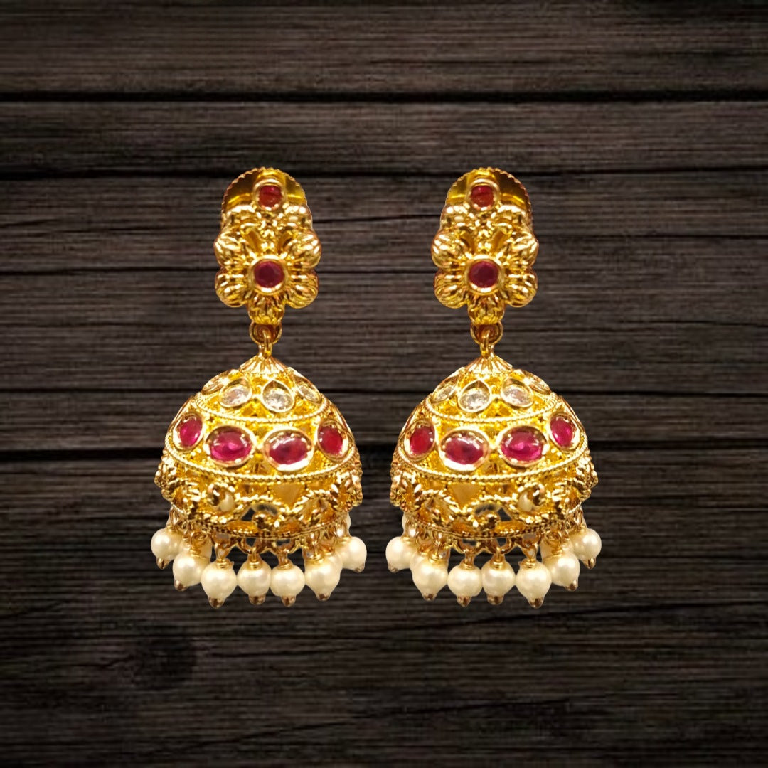 Kempu Kundan Jhumka with Floral Stud & Pearl Drops | Temple Earrings