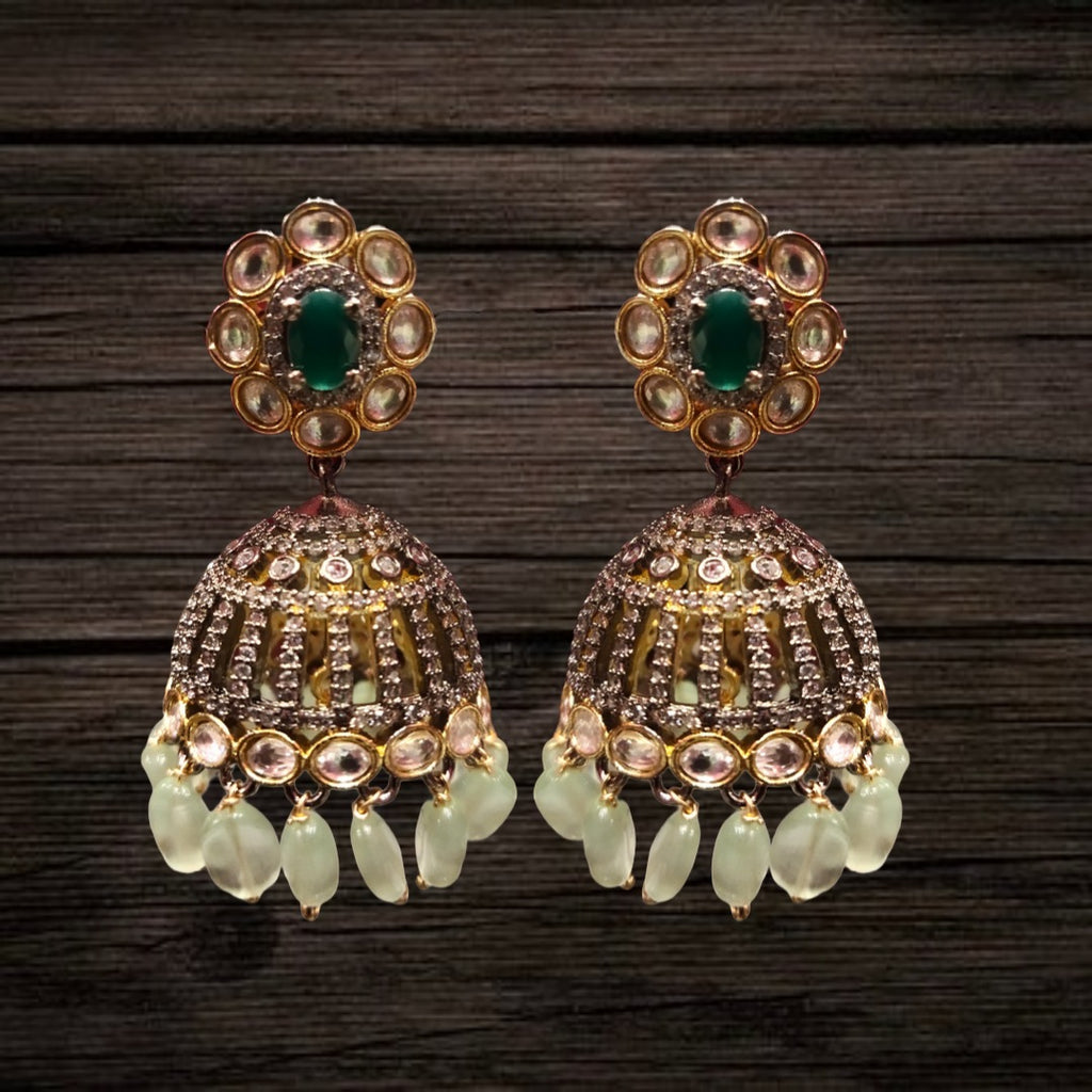 Victorian Kundan Jhumka Earrings with Moissanite & Jade Drops | 24K Gold Finish