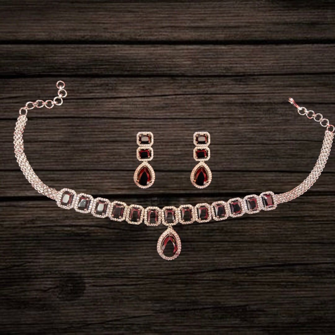 Silver Rhodium American Diamond Choker Necklace - Modern Bridal Jewelry Set