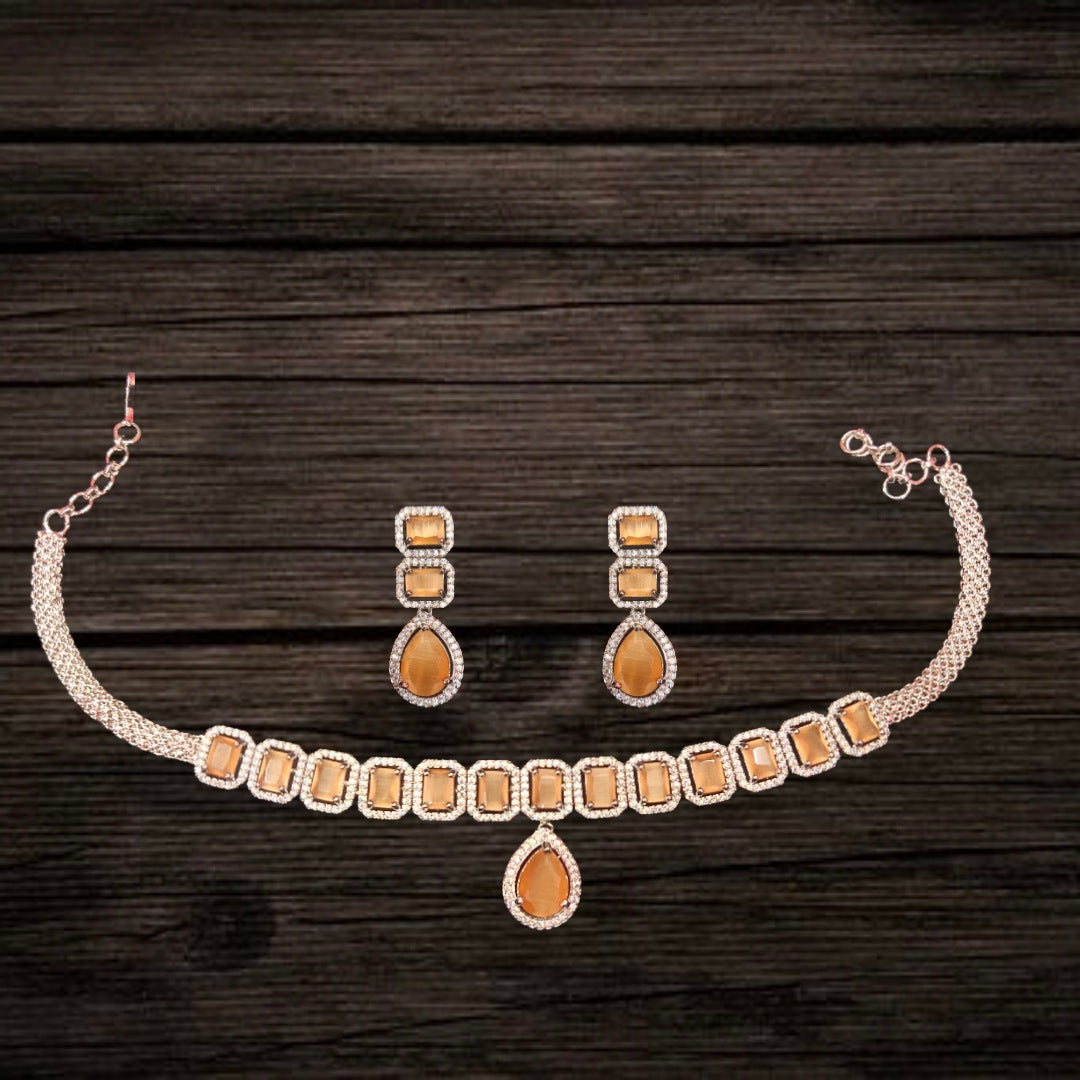 Silver Rhodium American Diamond Choker Set - Elegant Necklace with Matching Earrings