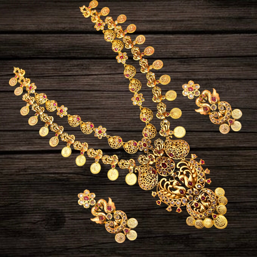 Uncut Diamond Kasu Mala - 24K Gold Plated Luxury Temple Necklace with Earrings