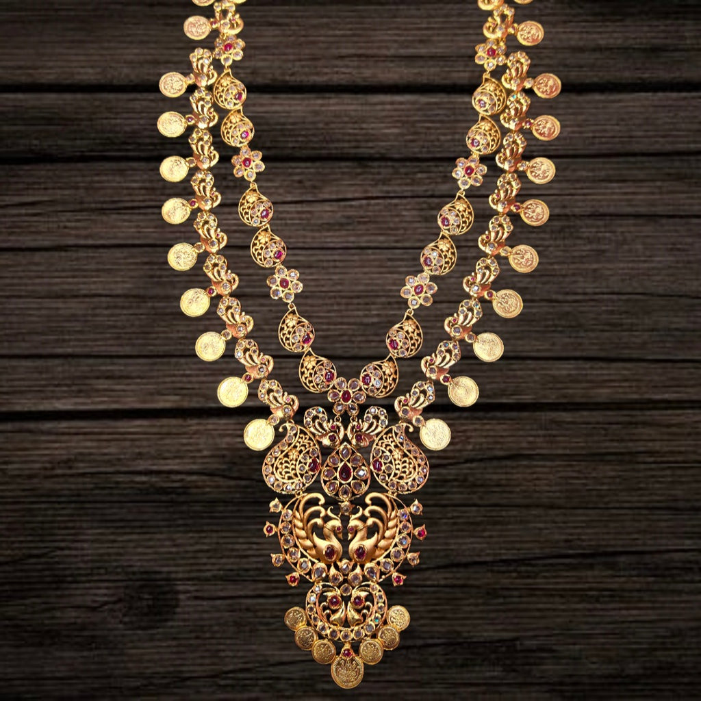 Uncut Diamond Kasu Mala - 24K Gold Plated Luxury Temple Necklace with Earrings