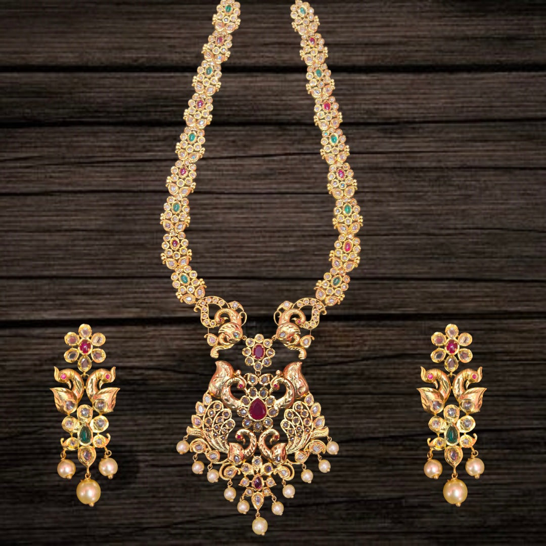 Uncut Diamond Long Necklace - 24K Gold Peacock Design with Pearl Embellishments