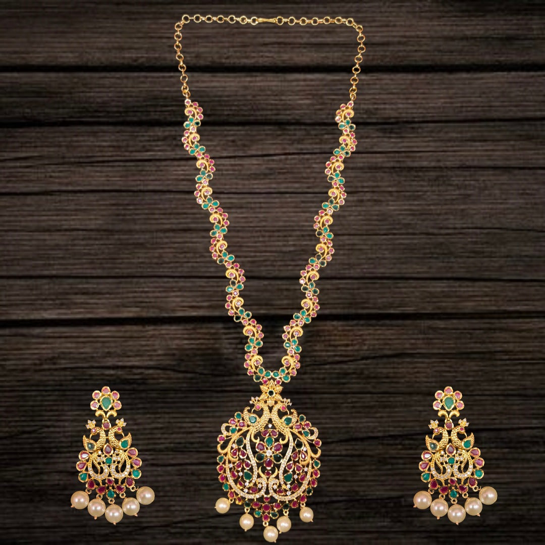 Uncut Diamond Long Necklace Set - 24K Gold Classic Wedding Haram