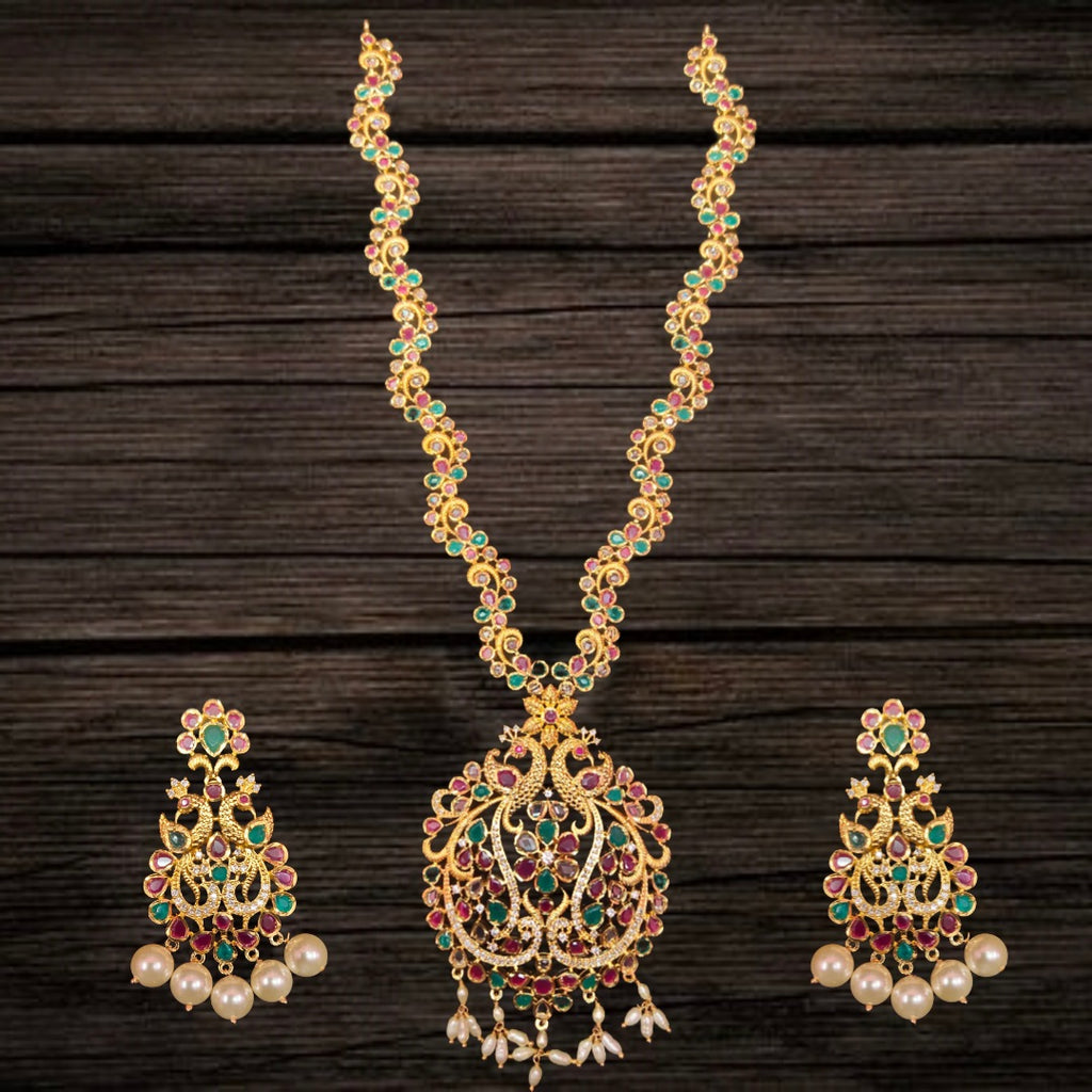 Uncut Diamond Long Necklace Set - 24K Gold Ruby Emerald Wedding Haram