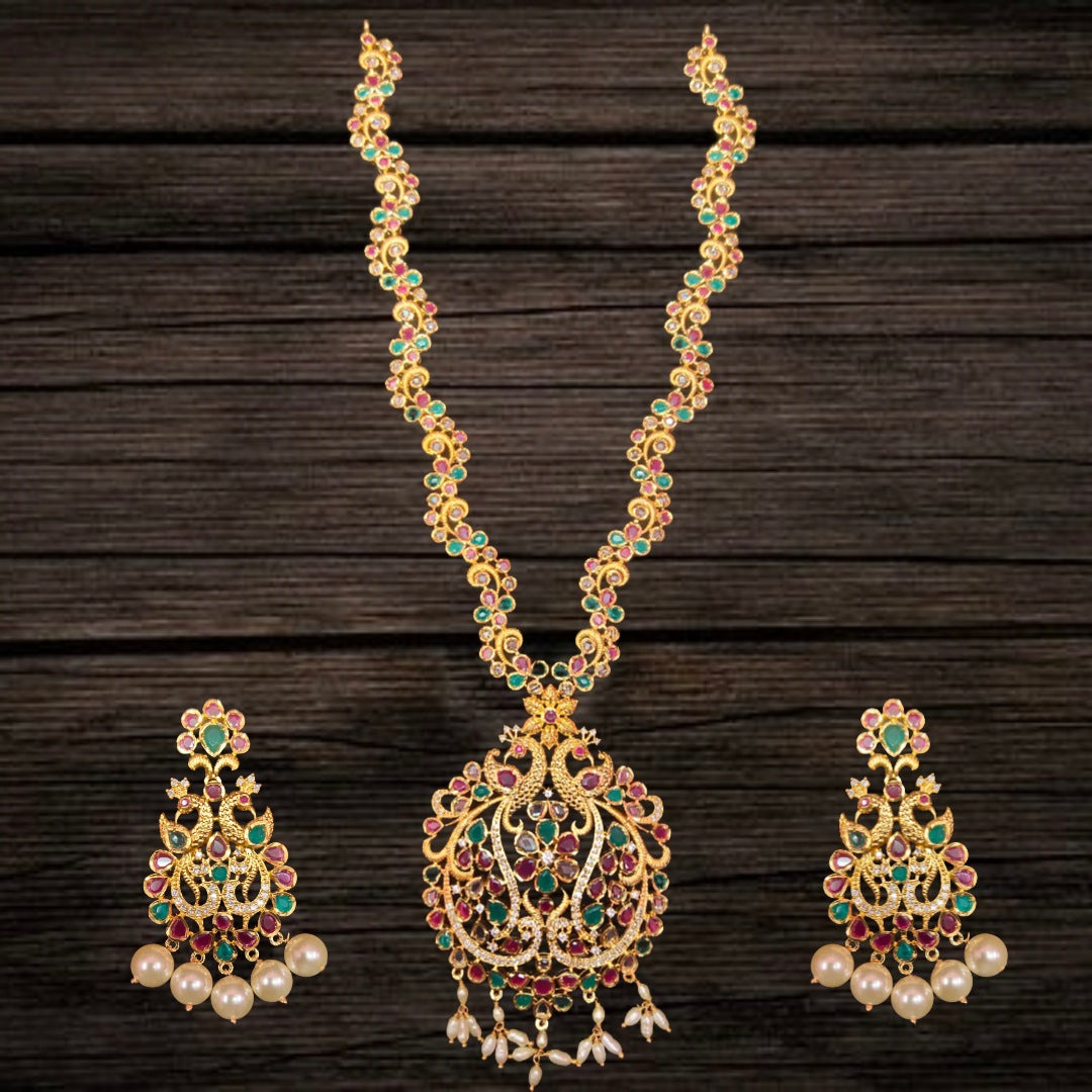 Uncut Diamond Long Necklace Set - 24K Gold Ruby Emerald Wedding Haram