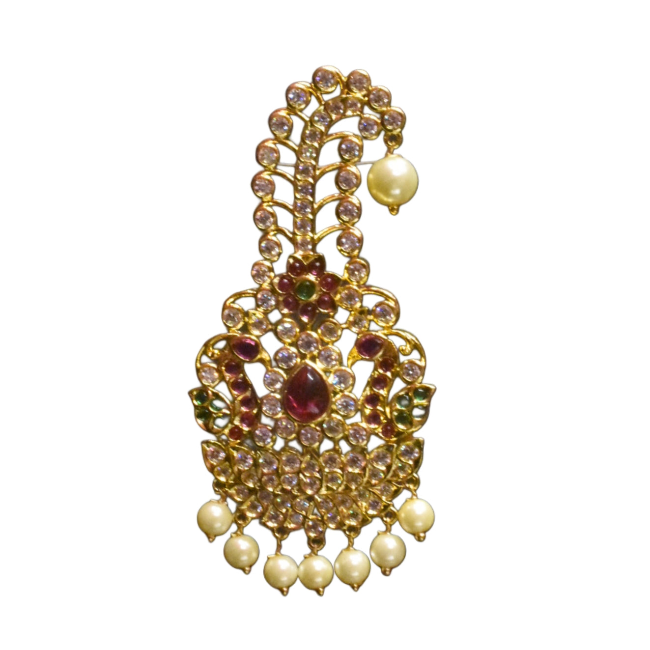 Asp Zircon Kalangi For Groom - 24K Gold Plated Turban Brooch with Pearl Hangings