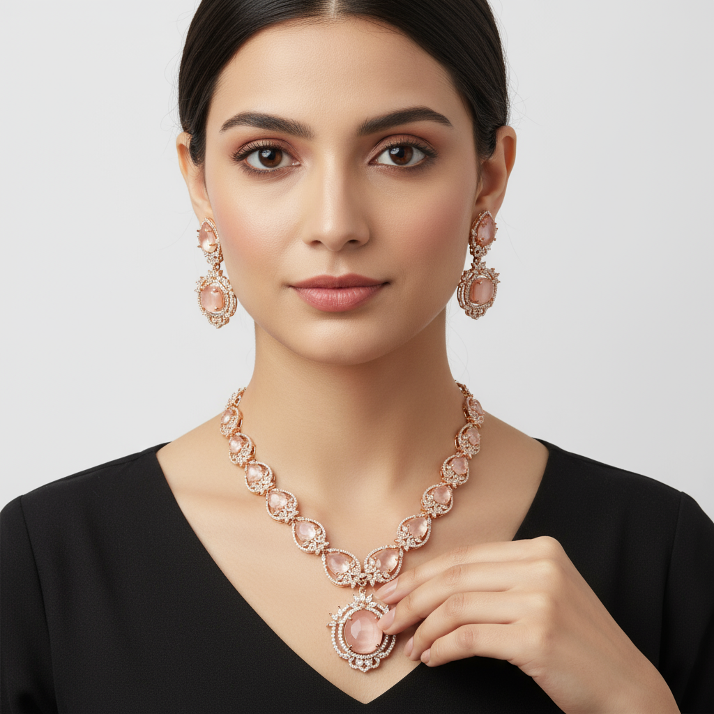 Pink American Diamond Necklace Set - Rose Gold Royal Bridal Jewelry