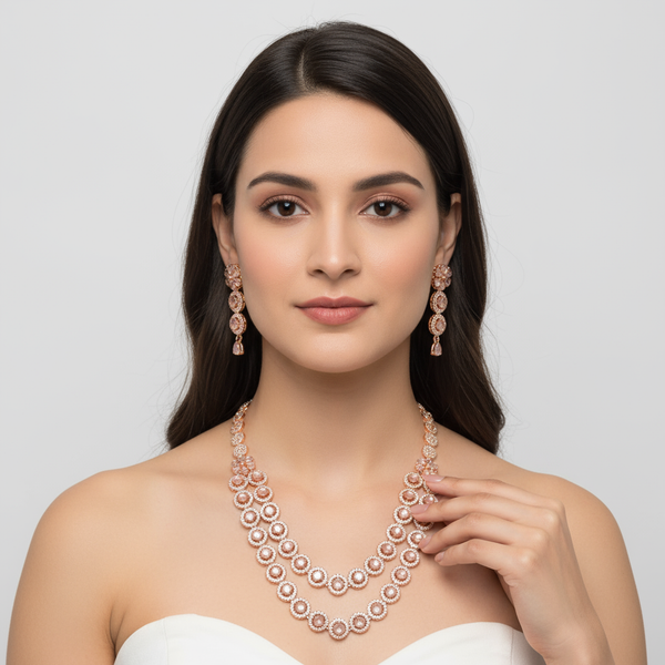 Pink Double Layer American Diamond Necklace Set - Rose Gold Layered Jewelry
