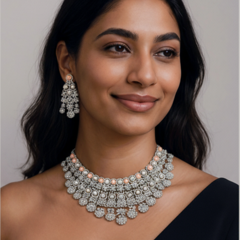 Pink Flower Beads Pearl Diamond Victorian Choker Set - Hyderabadi Bridal Jewelry