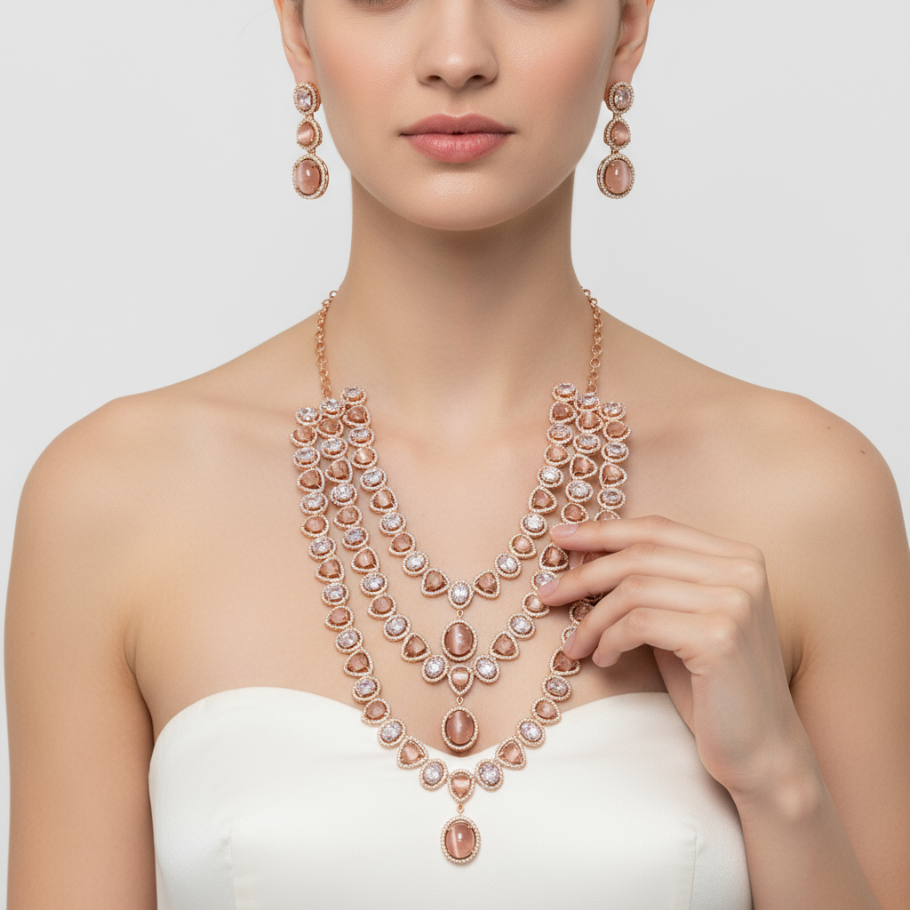 Pink Rose Gold American Diamond Layered Necklace Set - 24 Inch Wedding Jewelry