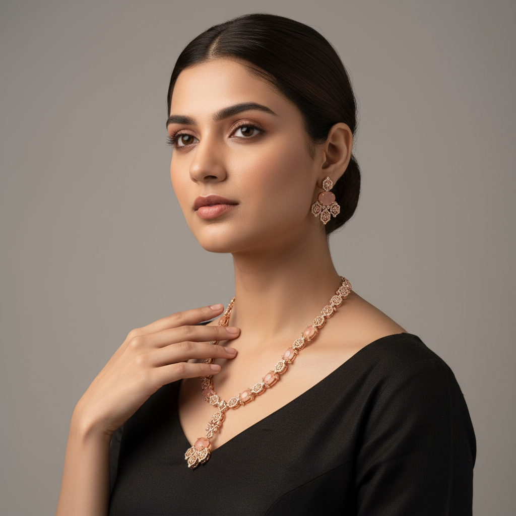 Pink Rose Gold American Diamond Long Necklace Set - 32 Inch Wedding Jewelry