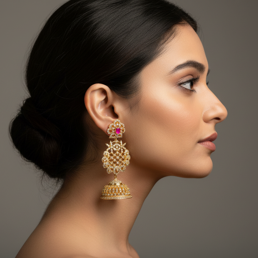 Premium CZ Chandbali Jhumka Earrings - 24K Gold Plated Traditional Earring
