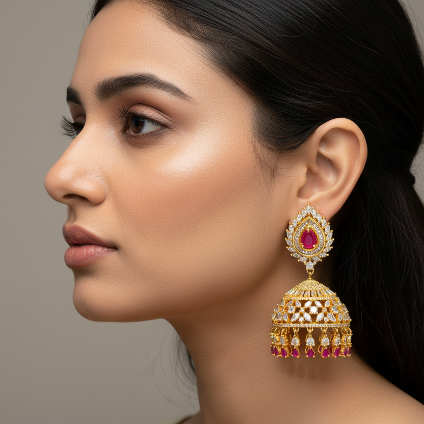 Premium CZ Jhumka Earrings - 24K Gold Plated Traditional Bell Earrings