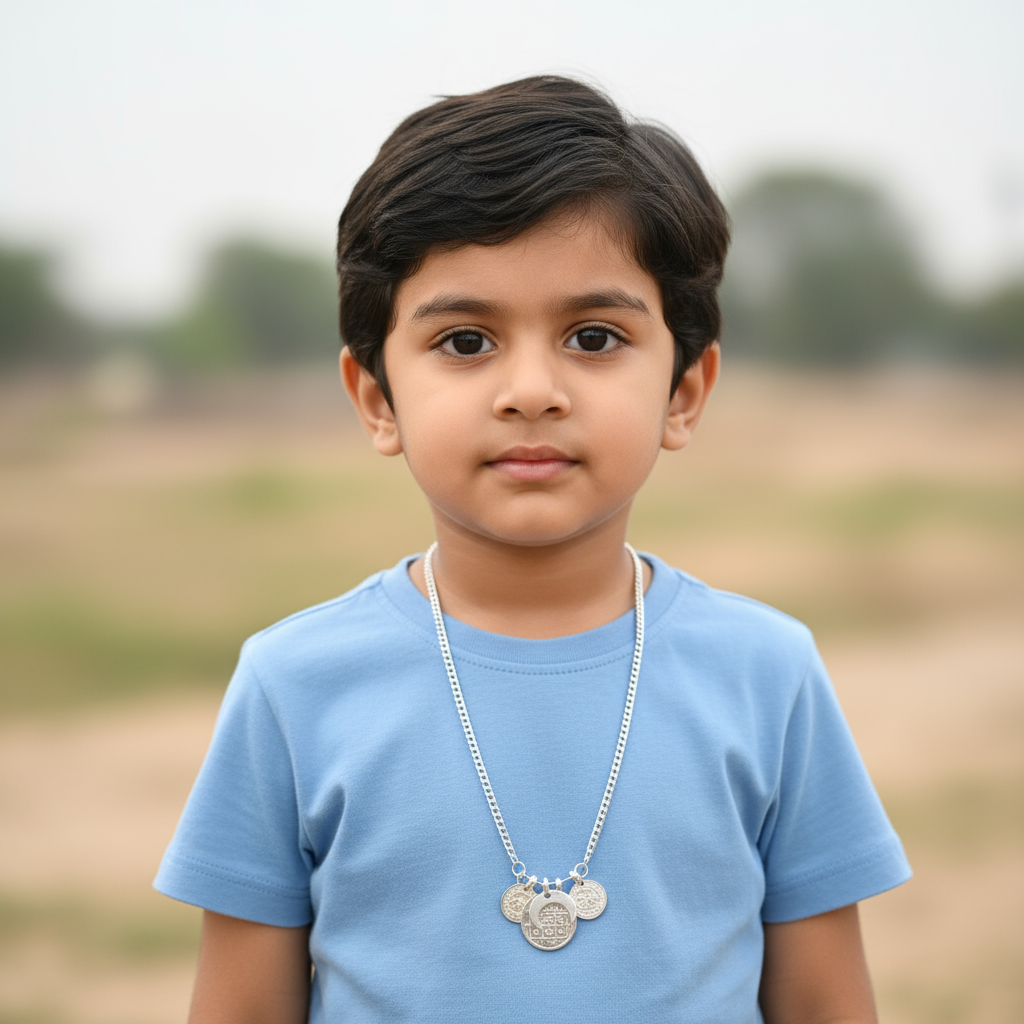 Pure Silver Kathi Billa Golsu Nazariya - Abhimantrit Haye Chand Suraj Chaku Pendants with Chain for Newborn Babies