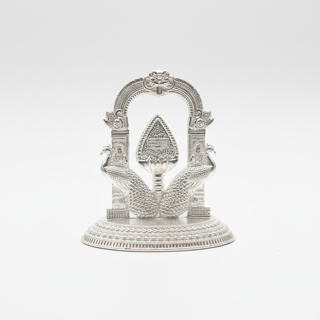 Pure Silver Murugan Vel with Peacock Idol 