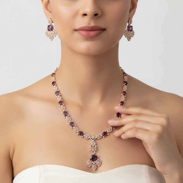 Purple Rose Gold American Diamond Long Necklace Set - 32 Inch Wedding Jewelry