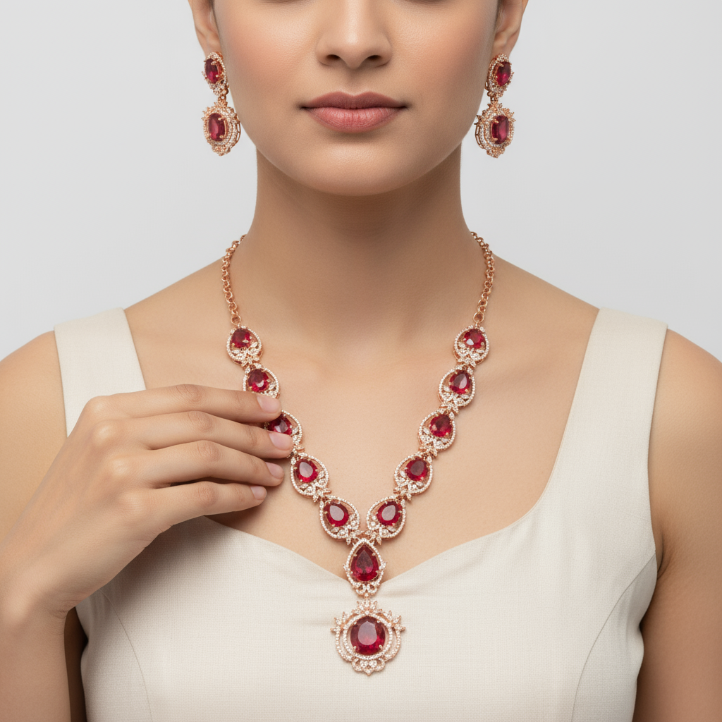 Red American Diamond Necklace Set - Rose Gold Ruby Royal Wedding Jewelry