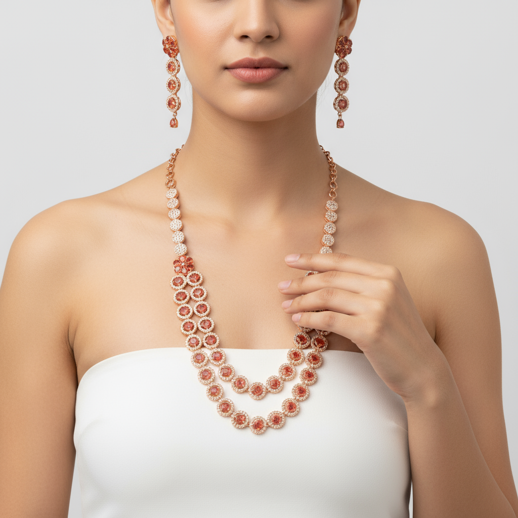 Red Double Layer American Diamond Necklace Set - Rose Gold Layered Jewelry