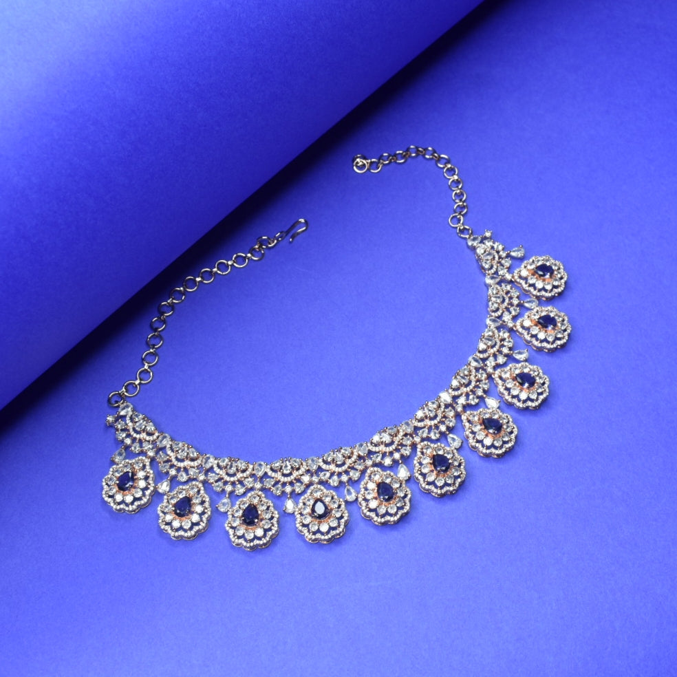 Regal Rose Gold American Diamond Necklace Set with Pearls - Bridal Choker