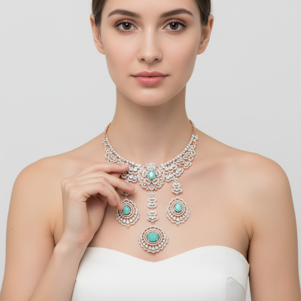 Regal Rose Gold American Diamond Necklace Set with Pearls - Bridal Choker