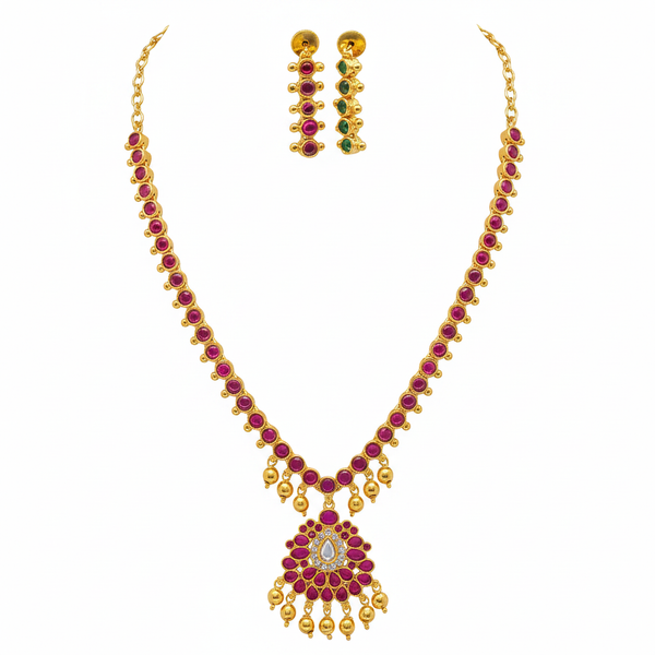 Reversible 2-in-1 Gold Necklace Set | Green & Ruby Stones with Drop Earrings