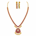 Reversible 2-in-1 Gold Necklace Set | Green & Ruby Stones with Drop Earrings