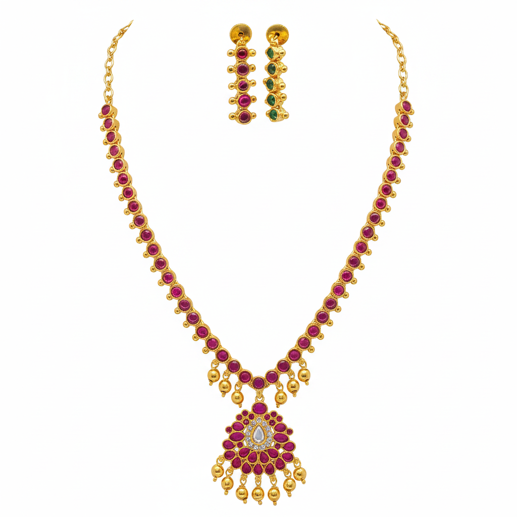 Reversible 2-in-1 Gold Necklace Set | Green & Ruby Stones with Drop Earrings