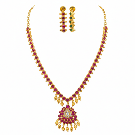 Reversible 2-in-1 Gold Necklace Set | Green & Ruby Stones with Drop Earrings