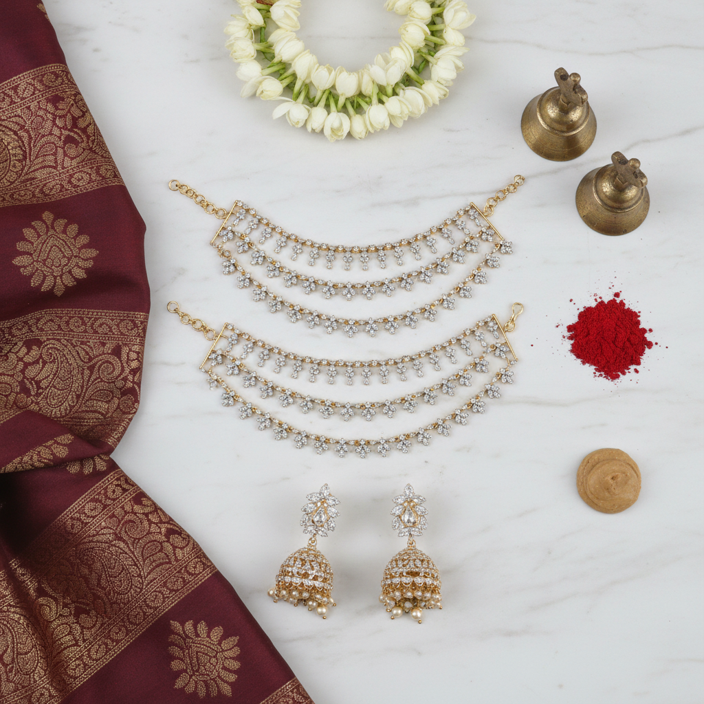 Rhodium-Gold Diamond Look Ear Chains (Champaswaralu)