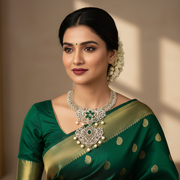 Rhodium Gold American Diamond Haram Necklace Set with Pearls 