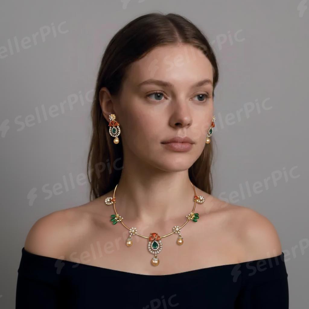 Rhodium Gold Plated Zircon Kante Necklace with Coral, Pearls & Emeralds