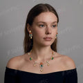 Rhodium Gold Plated Zircon Kante Necklace with Coral, Pearls & Emeralds