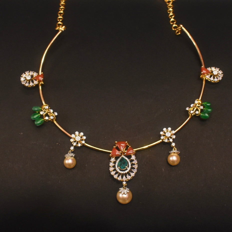 Rhodium Gold Plated Zircon Kante Necklace with Coral, Pearls & Emeralds