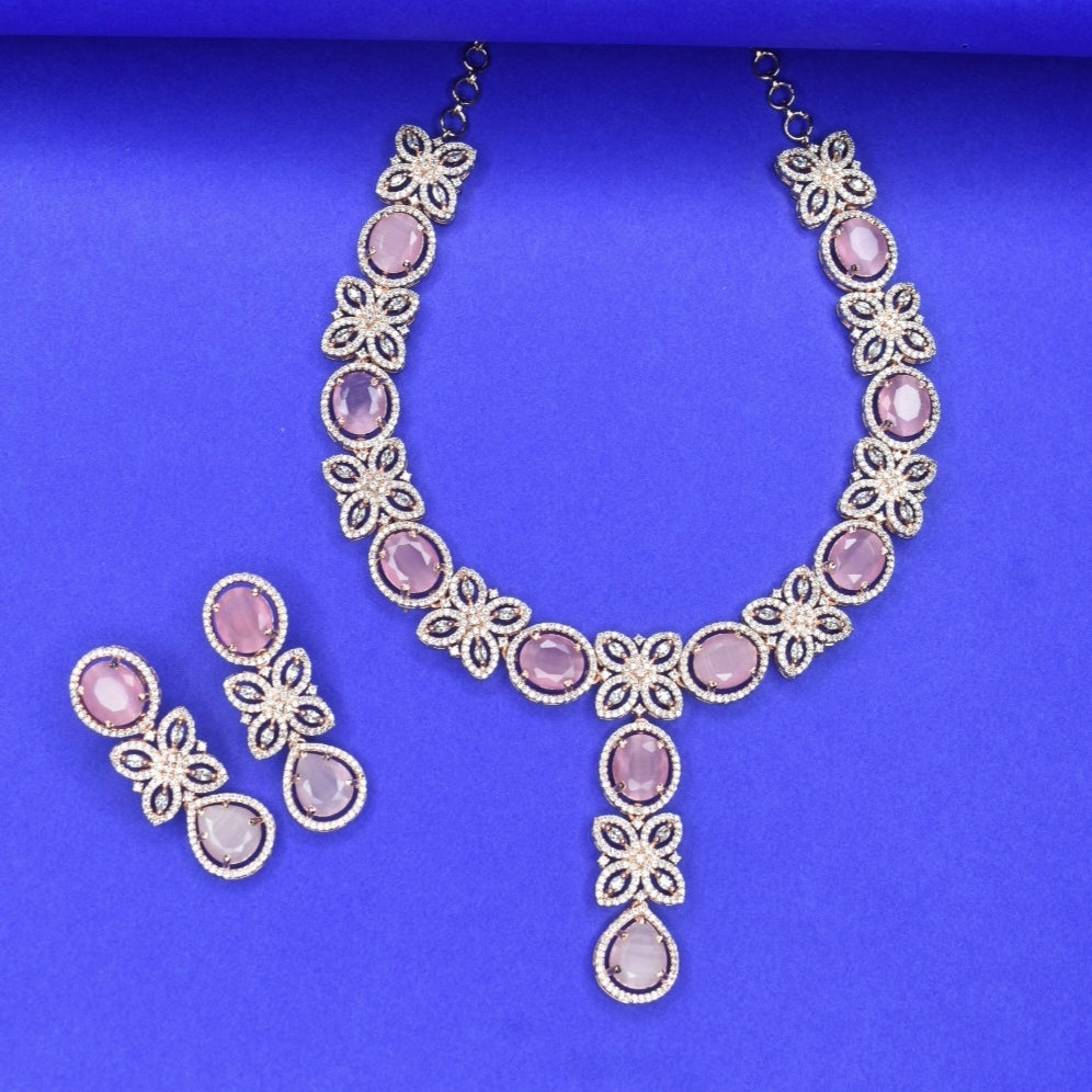 Rose Gold American Diamond Necklace Set with Earrings - Bridal Jewelry