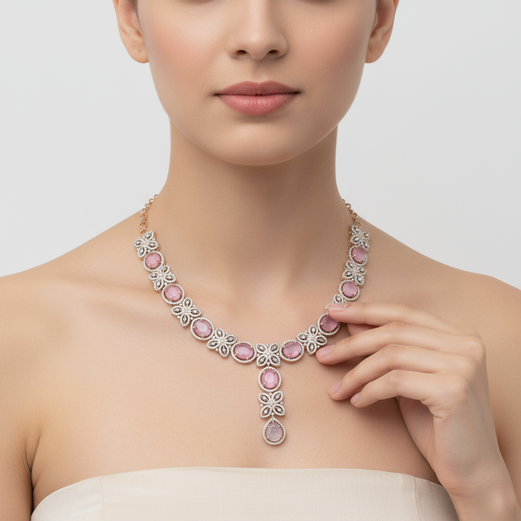 Rose Gold American Diamond Necklace Set with Earrings - Bridal Jewelry
