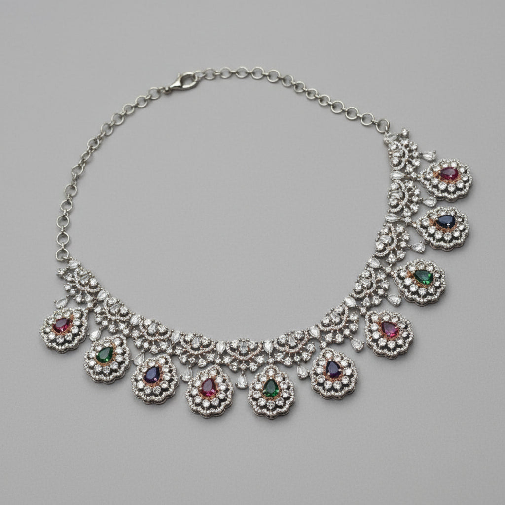 Rose Gold Plated CZ Necklace Set with Jhumka Earrings - Zircon Jewelry