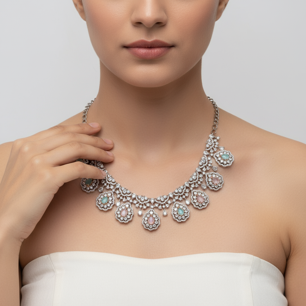 Rose Gold Plated CZ Necklace Set with Jhumka Earrings - Zircon Jewelry