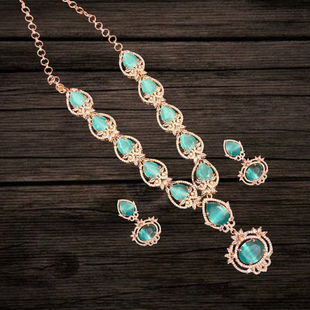 Sky Blue American Diamond Necklace Set - Rose Gold Royal Wedding Jewelry