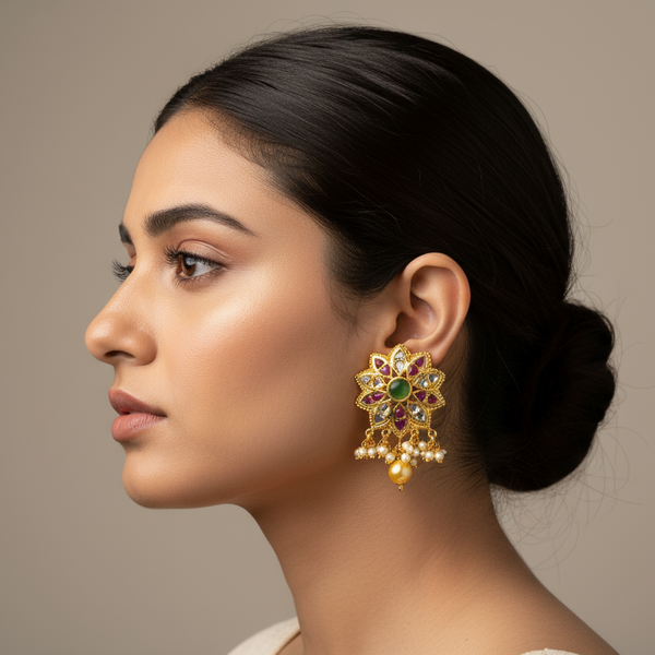 Round Kempu Studs 1.5 Inch with Pearls - Classy Traditional Earrings