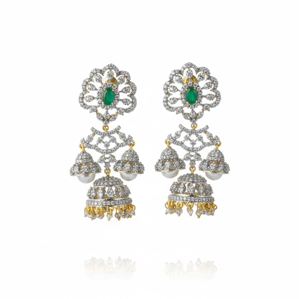 Royal American Diamond Jhumka Earrings with Ruby & Pearls - 24K Gold Plated