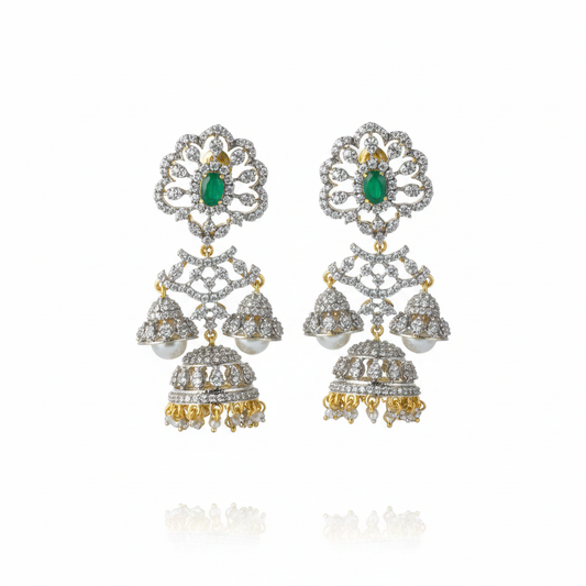 Royal American Diamond Jhumka Earrings with Ruby & Pearls - 24K Gold Plated
