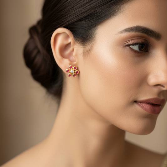 Ruby & Diamond Flower Cluster Stud Earrings