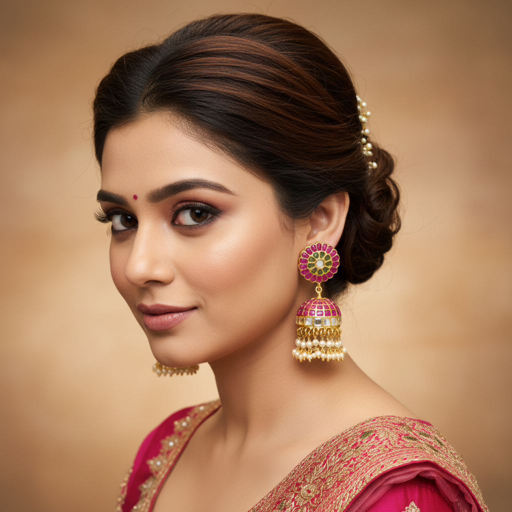 Pink Kempu Flower Stud Kundan Jhumka with Pearl Drops