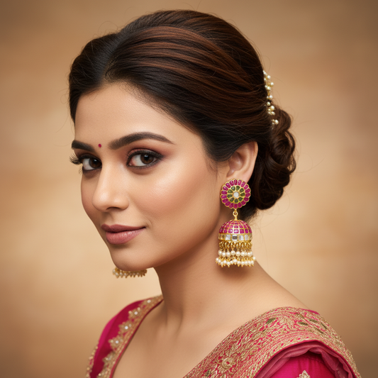 Pink Kempu Flower Stud Kundan Jhumka with Pearl Drops